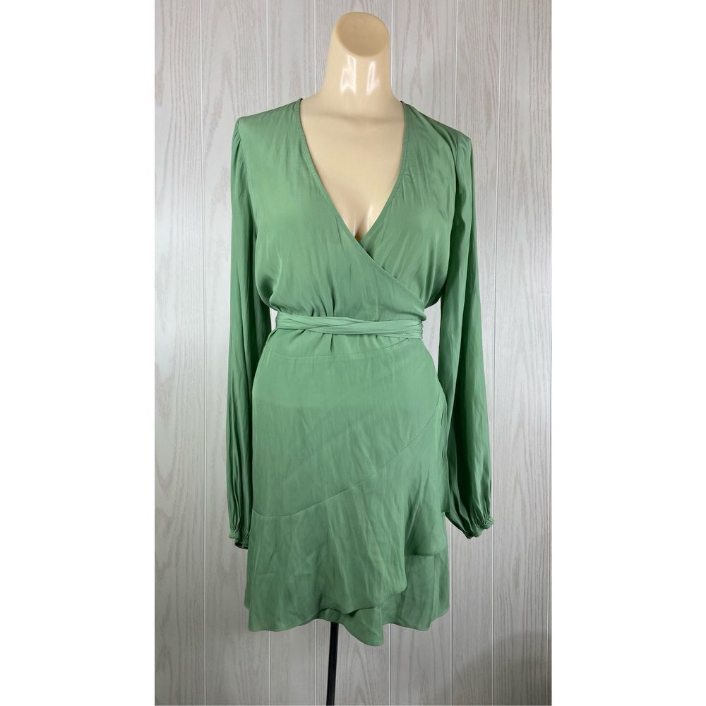 Ramy Brook Wrap Dress Women's Green Surplice Neck Long-Sleeve Mini Size Small
